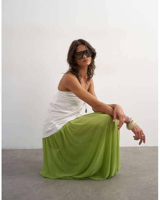 TOPSHOP Green Mesh Balloon Maxi Skirt