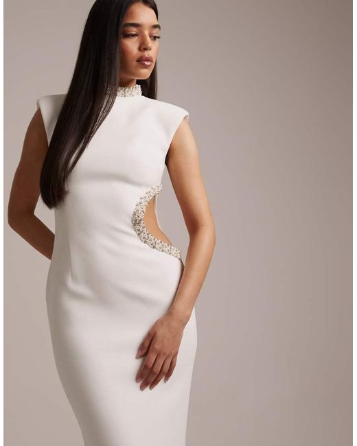 Wanderdoll Natural Crystal Bridal High Neck Cut Out Rhinestone Detailing Short Sleeve Maxi Dress