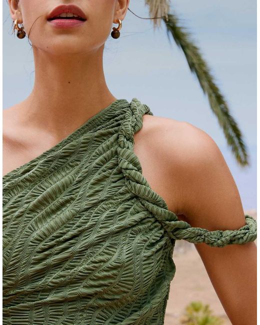 ASOS Green Ruched Asymmetric Textured Midi Dress With Twisted Strapping Details