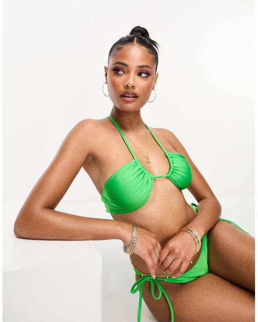 Pieces Exclusive Cross Front Halter Neck Bikini Top in Green | Lyst Canada