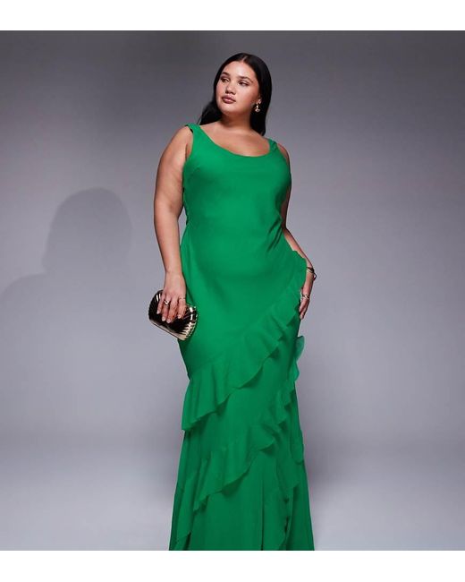 ASOS Green Asos Design Curve Scoop Neck Maxi Dress With Ruffle Skirt And Cut Out Back