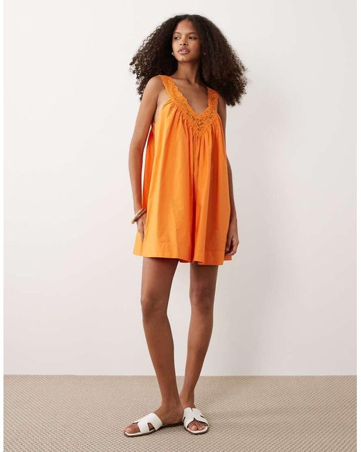 ASOS Orange V Neck Smock Poplin Mini Sundress With Lace Overlay