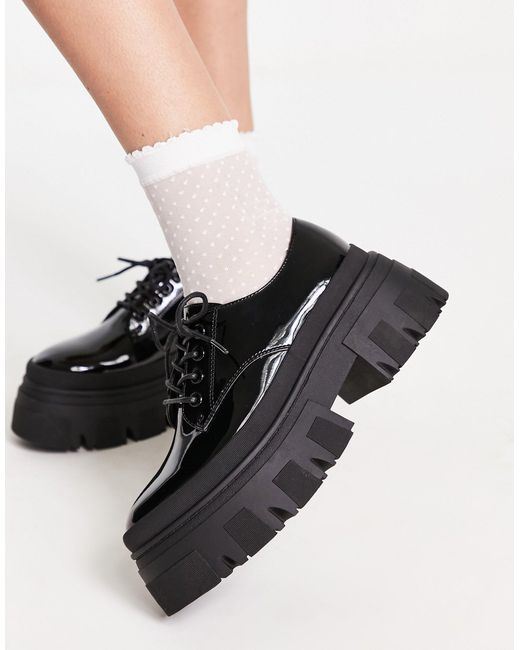 Zapatos negros planos con suela gruesa, cordones y acabado acharolado magda  de ASOS de color Negro | Lyst