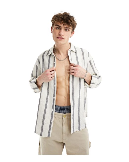Pull&Bear White Revere Neck Long Sleeve Stripe Shirt for men