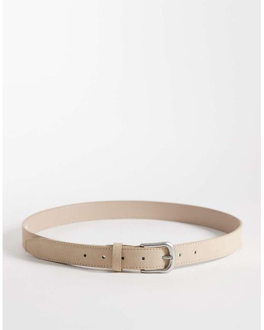 ASOS Natural Faux Suede Smart Single Stud Belt With Rounded Edge Brushed Silver Buckle for men