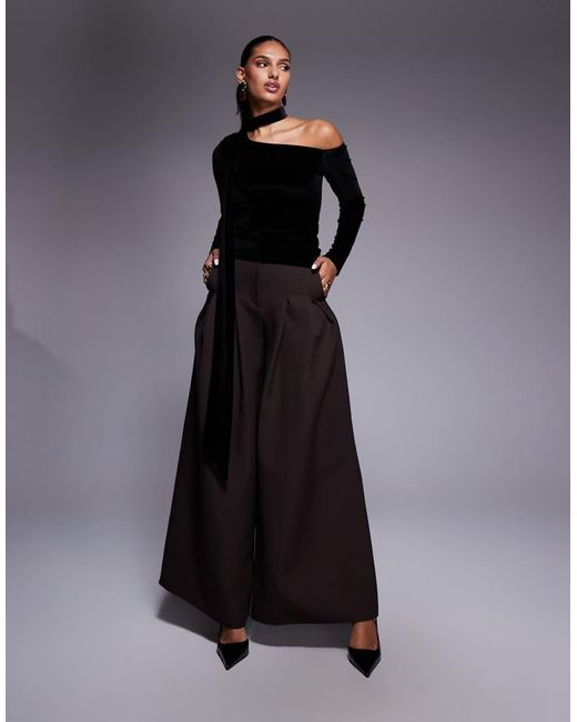 ASOS Gray Velvet Long Sleeve Asymmetric Top With Scarf Detail