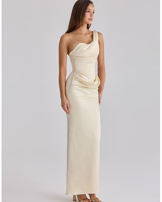 House Of Cb White Caprice Lemon One Shoulder Satin Maxi Dress