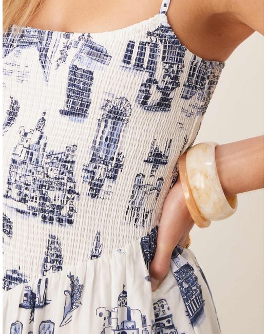 Abercrombie & Fitch White Dipped Waist Smocked Poplin Midi Dress