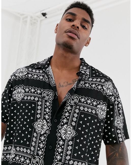 Bershka Denim Shirt With Bandana Print in Black for Men | Lyst UK