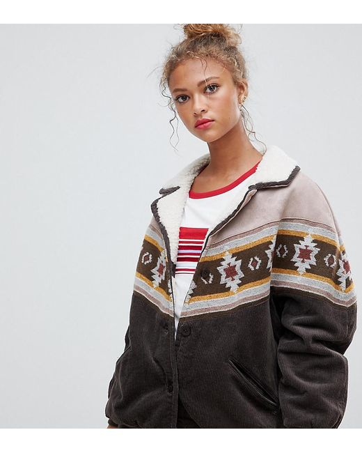 Pull&Bear Cord And Borg Mix Jacket With Pattern in Brown | Lyst Australia