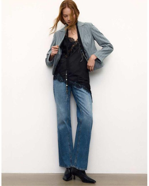 Stradivarius Blue Striped Cropped Blazer