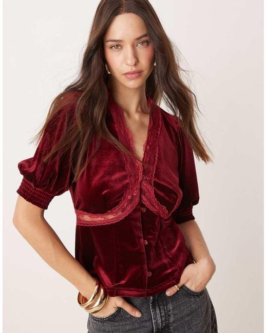 Never Fully Dressed Red Lace Velvet Puff Sleeve Top