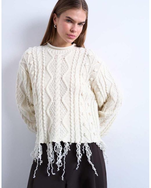 TOPSHOP White Knitted Distressed Cable Jumper