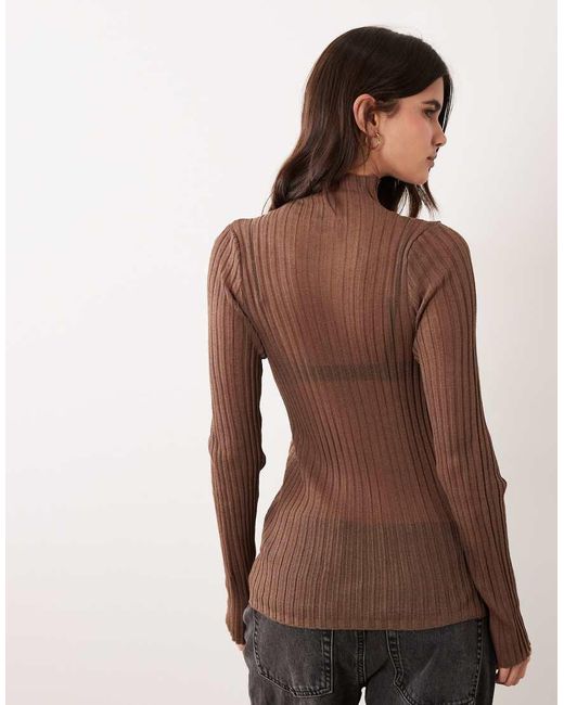 ASOS Brown Sheer Knit Pleated Long Sleeve Funnel Neck