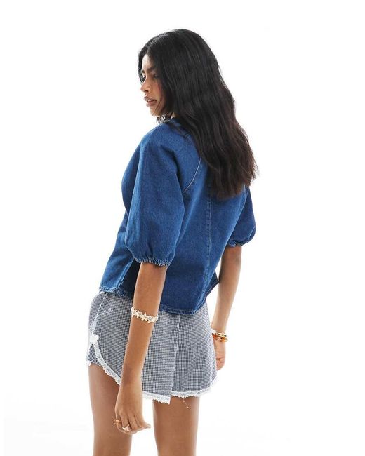 ASOS Blue Raglan Puff Sleeve Denim Top