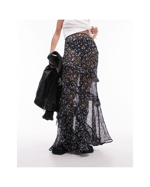 Falda midi transparente con estampado TOPSHOP de color Black