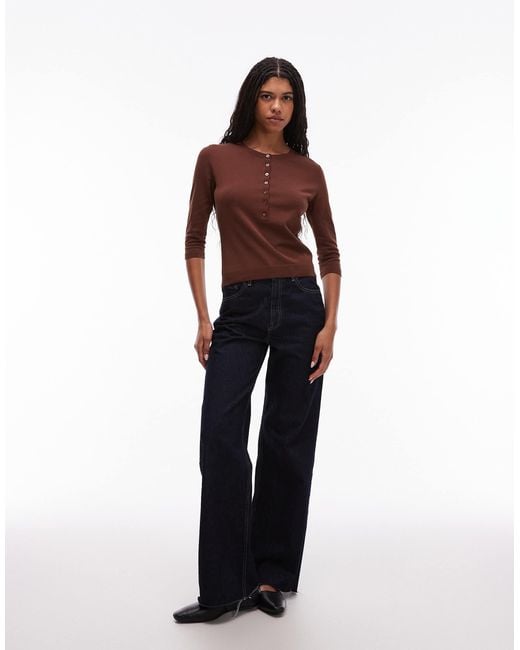 ARKET Brown Knitted Rib Henley Top With Long Sleeves