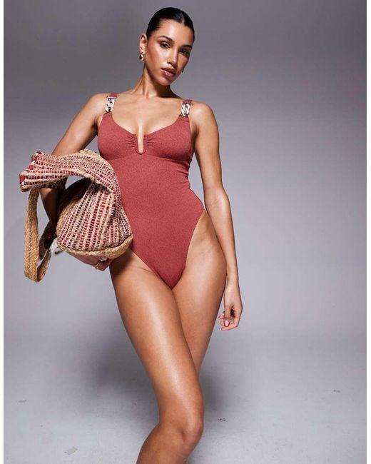 River Island Red Crinkle Swimsuit