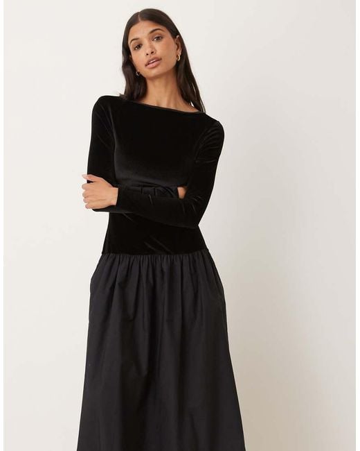 ASOS Black Velvet Hybrid Maxi Dress With Poplin Skirt