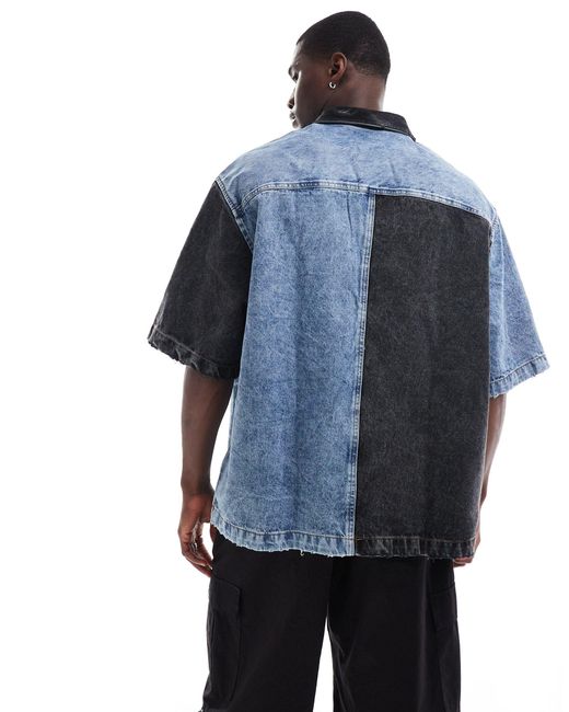 ASOS Blue Short Sleeve Oversized Colour Block Denim Shirt for men