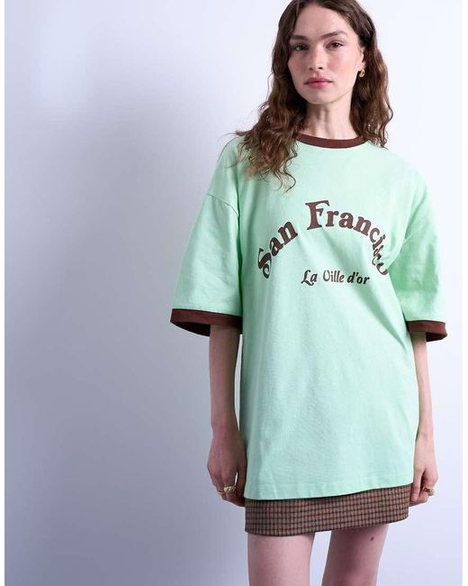 TOPSHOP Green Graphic San Francisco Oversized Tee