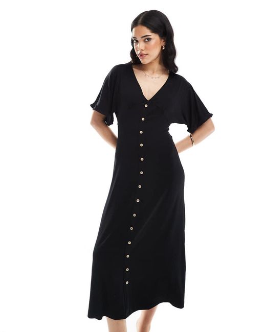 Vestito Da Giorno Midi Con Maniche Arrotolate E Bottoni Sul Davanti di ASOS in Black