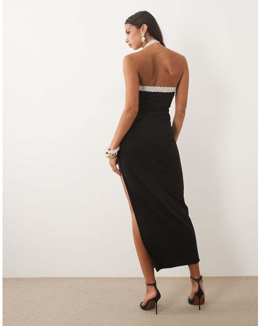 Oh Polly Natural Modal Plunge Halter Neck Lace Trim Detail Thigh High Split Maxi Dress