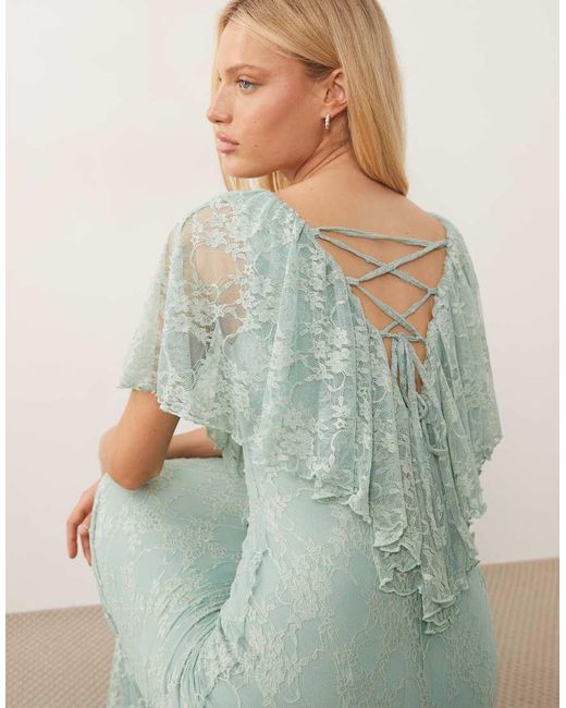 ASOS Green Ruffle Detail V Neck Lace Maxi Dress