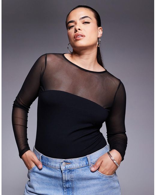 ASOS Gray Asos Design Curve Mesh Mix Panel Long Sleeve Bodysuit