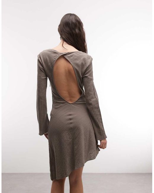 Weekday Natural Crinkle Long Sleeve Mini Dress With Open Back And Asymmetric Hem