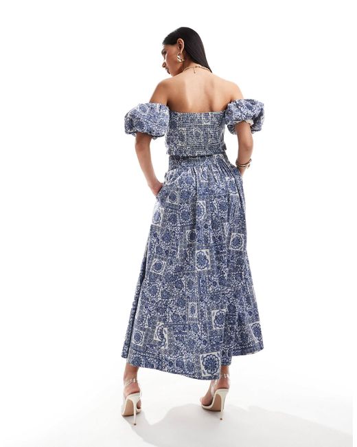 Abercrombie & Fitch Blue – stufen-maxirock mit em kachelmuster, kombiteil