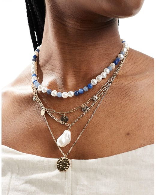 ASOS White Pack Of 4 Necklaces With Faux Pearl And Blue Semi Precious Style Beads