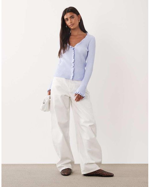 Mango White Frill Detail V Neck Cardigan