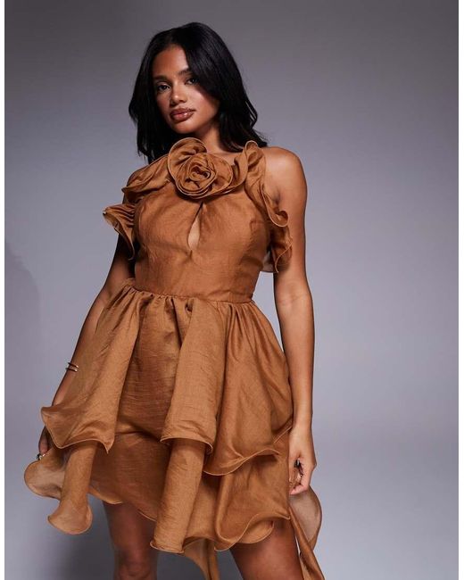 ASOS Brown Organza Ruffle Halter Mini Dress With Corsage And Drape