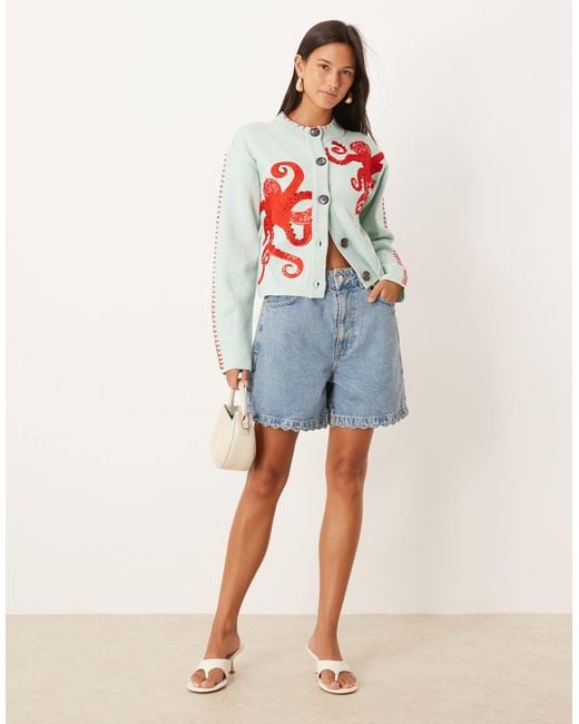 Never Fully Dressed White Octopus Embroidered Cardigan