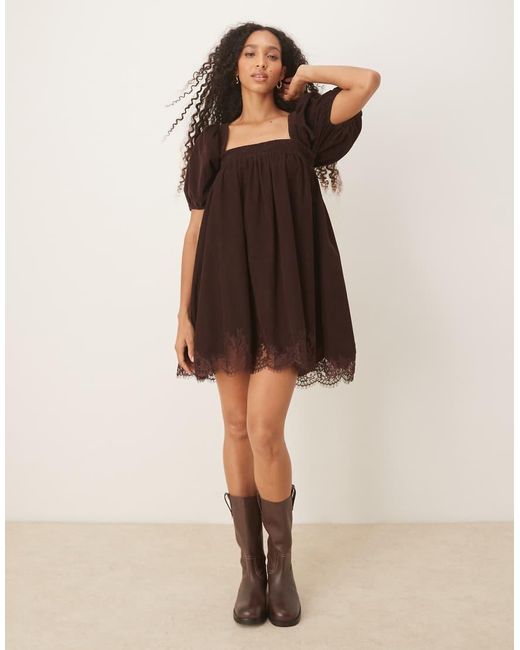 ASOS Natural Cord Square Neck Babydoll Mini Dress With Puff Sleeve And Lace Trims