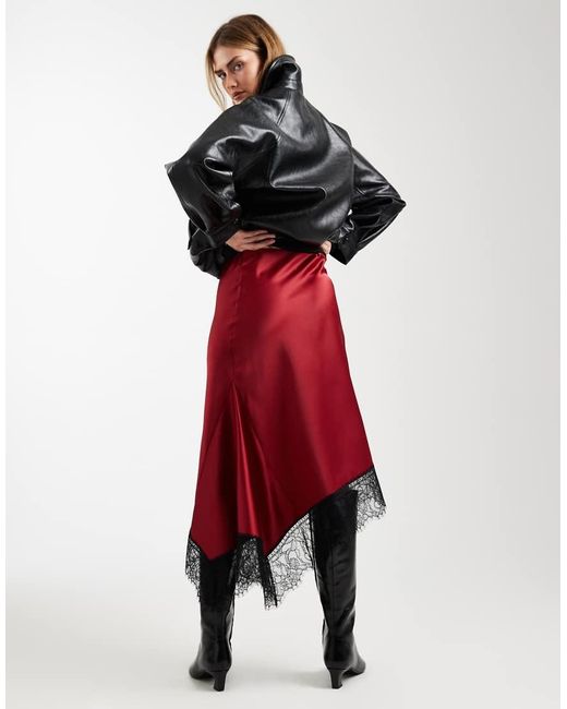 ASOS Red Satin Asymmetric Lace Trim Midi Skirt