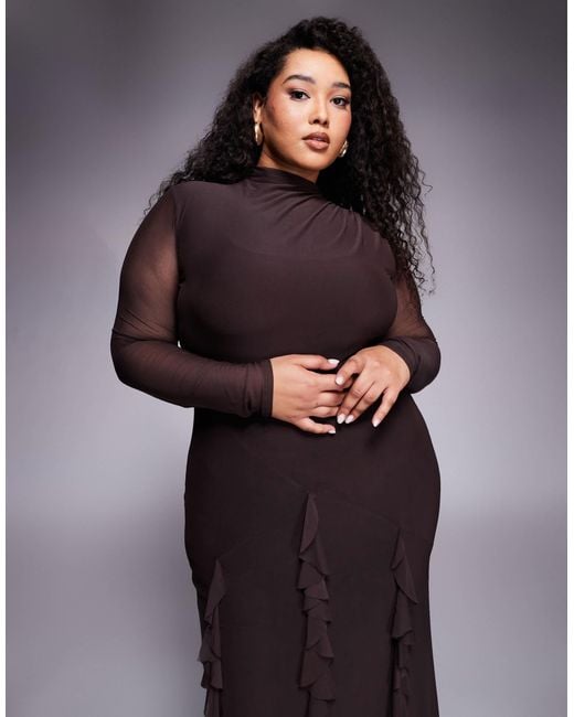 ASOS Purple Asos Design Curve Mesh Long Sleeve Maxi Dress With Waterfall Ruffle Skirt Detail