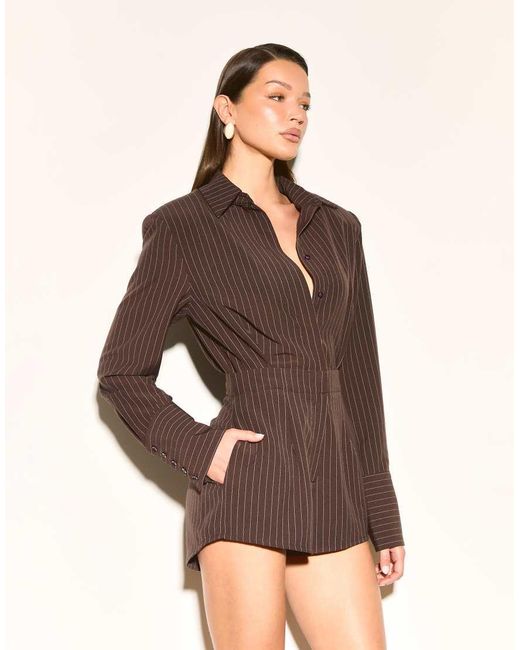 Noughts & Kisses Brown Shoulder Pad Tailored Deep Cuff Romper