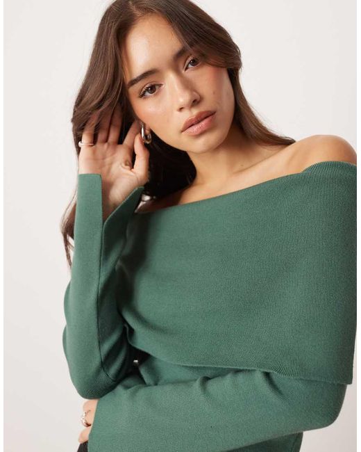 ASOS Green Soft Knit Structured Slim Fit Off The Shoulder Top