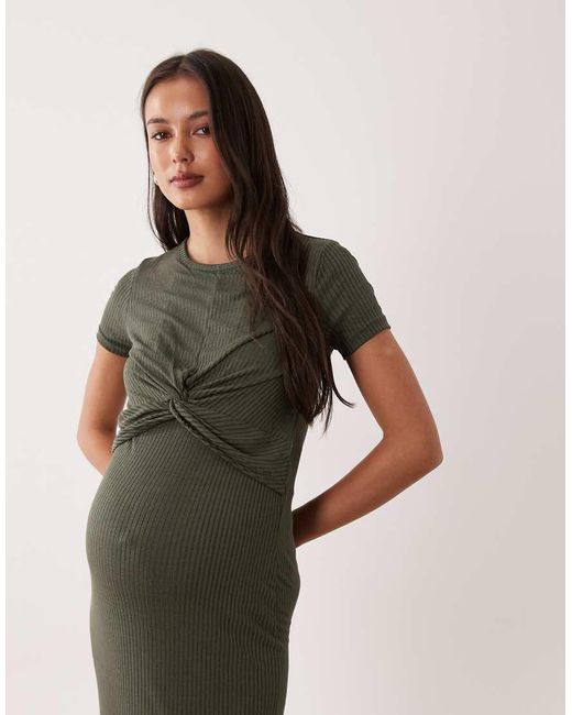 Mama.licious Green Mamalicious Maternity Short Sleeve Knot Front Midi Dress With Nursing Function