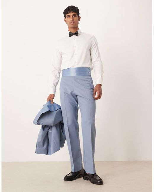 ASOS Blue Straight Leg Tuxedo Suit Pants With Cummerbund Waistband for men