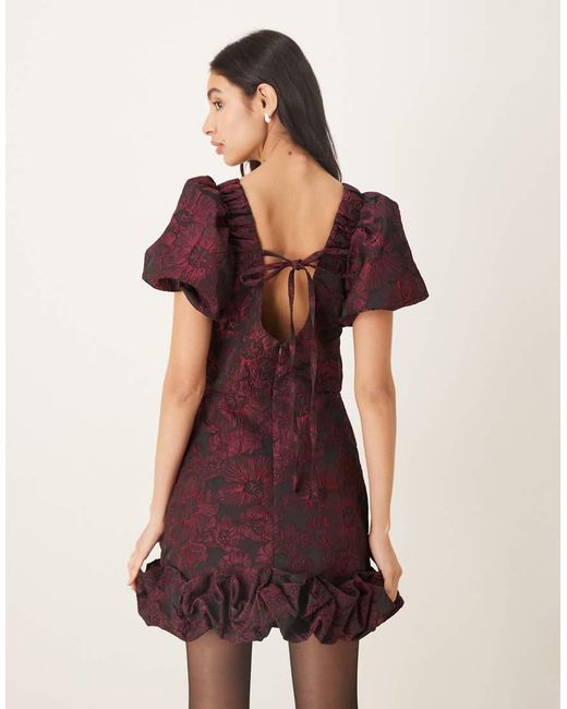 Sister Jane Purple Jacquard Puff Sleeve Scoop Neck Ruffle Hem Mini Dress