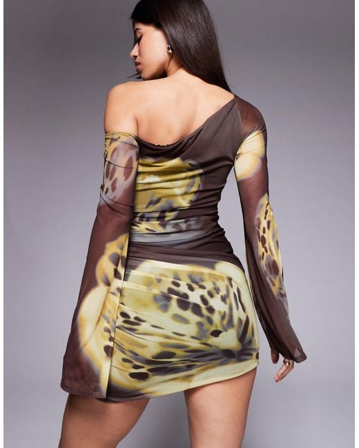 ASOS Multicolor Printed Mesh Off Shoulder Mini Dress With Angel Sleeve