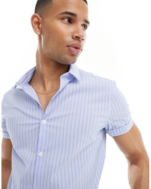 ASOS Blue Short Sleeve Slim Fit Stripe Work Shirt for men