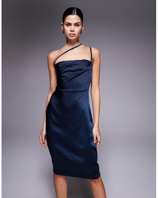 Vesper Blue Pleat Detail Strappy Satin Midi Dress