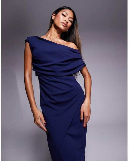 River Island Asymmetric Wrap Midi Dress in Blue | Lyst UK
