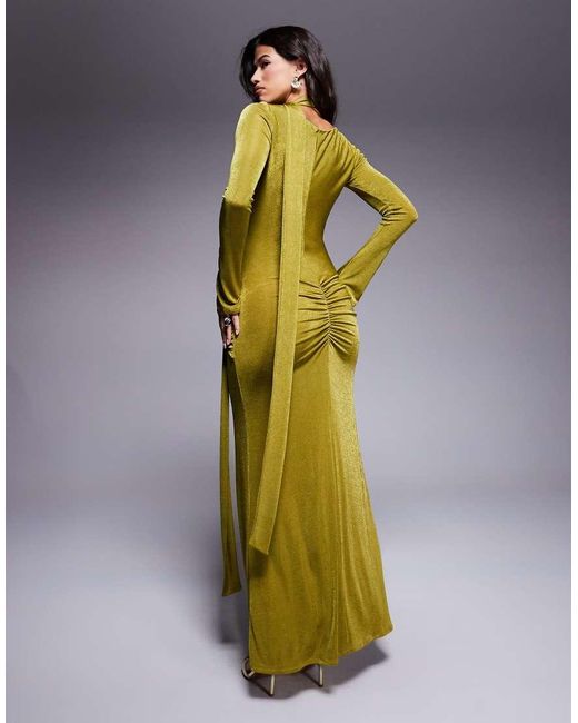 DASKA Green Ruched Maxi Dress With Waist And Neck Tie Detail