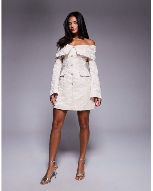 ASOS Gray Jacquard Off Shoulder Blazer Dress