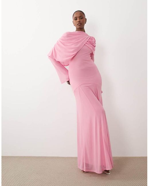 ASOS Pink Modesty Mesh Maxi Dress With Overlay Draped Neckline Detail